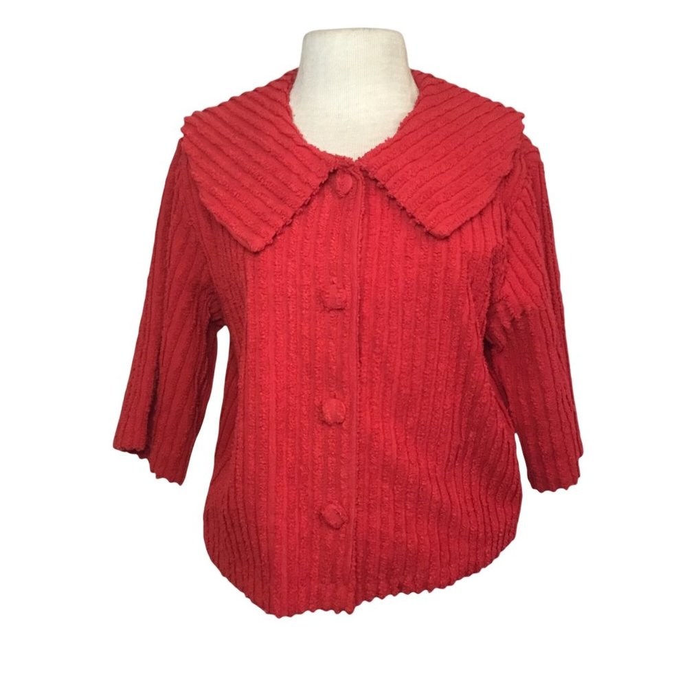 Red Chenille Short Button Front Jacket With Round… - image 3